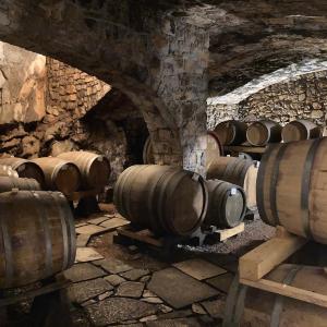 Botti in invecchiamento nella cantina in grotta dell'Azienda Vinicola Zidarich